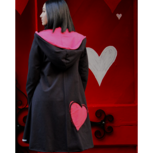 Ασύμμετρο Πανωφόρι Midi, μαύρο, σε στυλ κάπας με μανίκι, Χειροποίητο με αγάπη, Άνετο ζεστό, Φούτερ με χνούδι, με πλαϊνές τσέπες, ΧΩΡΙΣ φερμουάρ, σχέδιο Κόκκινη Καρδιά 