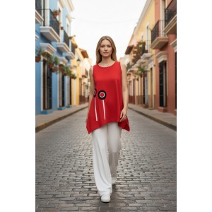 Mπλούζα μακριά αμάνικη Ασύμμετρη Κόκκινη με παπαρούνες στο μπροστινό μέρος της μπλούζας Βαμβάκι 100% 