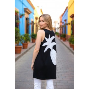 Mπλούζα μακριά αμάνικη Ασύμμετρη μαύρη με σχέδιο τον λευκό ανανά να  διακοσμεί το πίσω μέρος της μπλούζας Βαμβάκι 100%