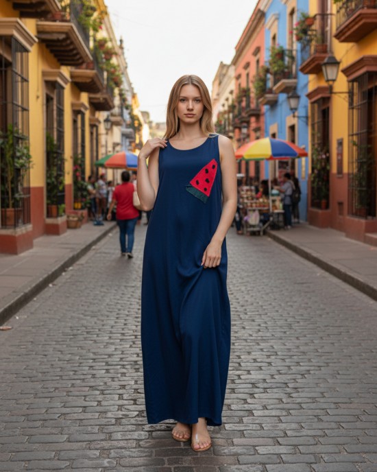 Φόρεμα μακρύ , μήκος από τον ώμο 135εκ., στρόγγυλη λαιμόκοψη, άνετο και δροσερό βαμβάκι 100%, αμάνικο, με σχέδιο Καρπουζάκι