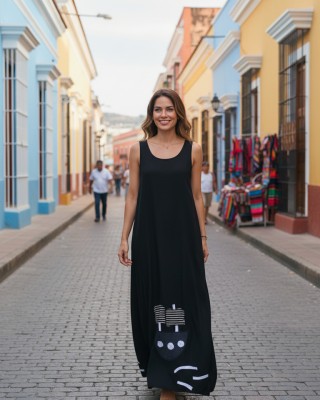 Φόρεμα μακρύ, μήκος από τον ώμο 135εκ., στρόγγυλη λαιμόκοψη, άνετο και δροσερό βαμβάκι 100%, αμάνικο, με σχέδιο τζιν καραβάκι με ριγέ πανιά 