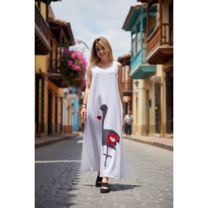 Φόρεμα μακρύ, μήκος από τον ώμο 135εκ., στρόγγυλη λαιμόκοψη, άνετο και δροσερό βαμβάκι 100%, αμάνικο, με σχέδιο Φλαμίνγκο