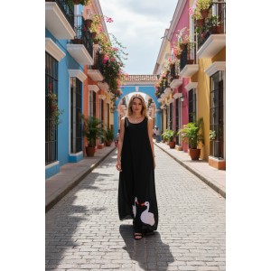 Φόρεμα μακρύ, μήκος από τον ώμο 135εκ., στρόγγυλη λαιμόκοψη, άνετο και δροσερό βαμβάκι 100%, αμάνικο, με σχέδιο Δύο Όμορφοι Κύκνοι