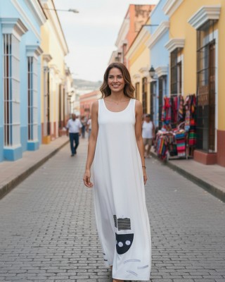 Φόρεμα μακρύ, μήκος από τον ώμο 135εκ., στρόγγυλη λαιμόκοψη, άνετο και δροσερό βαμβάκι 100%, αμάνικο, με σχέδιο τζιν καραβάκι με ριγέ πανιά 