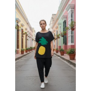 Mπλούζα  με κοντό μανίκι, χαμόγελο λαιμόκοψη, ύφασμα μπλούζας βαμβάκι 100%, μήκος από ώμο 65εκ., με σχέδιοΑνανάς