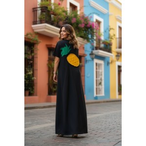 Φόρεμα μακρύ, μήκος από τον ώμο 135εκ., με ουρά στο ίδιο χρώμα του φορέματος, άνετο και δροσερό βαμβάκι 100%, Κοντό μανίκι με σχέδιο ανανά 