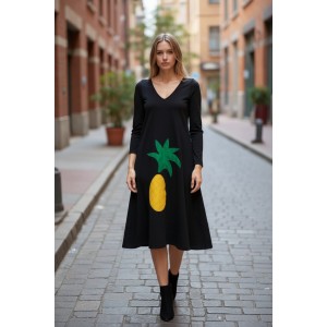 Φόρεμα midi, σε άλφα γραμμή, V λαιμόκοψη, με μακρύ μανίκι, μήκος 110εκ από ώμο, Βαμβάκι 95% με ελασταν 5%, με σχέδιο τον ανανά 