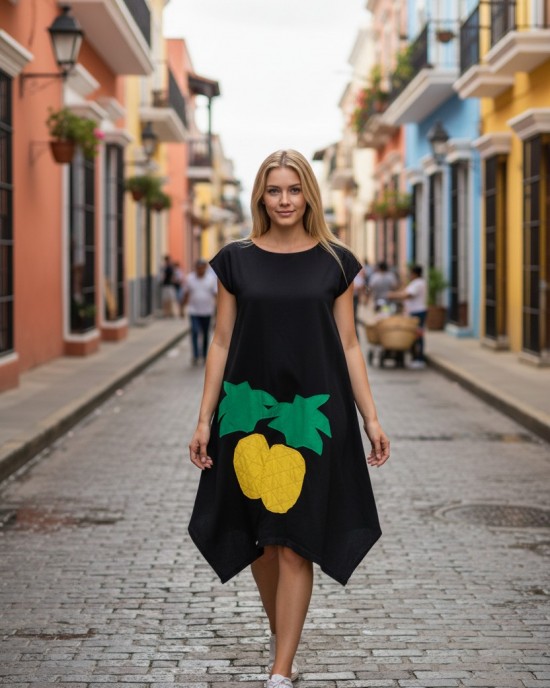Μίντι φόρεμα, χαμόγελο λαιμόκοψη, μικρά πλαϊνά ανοίγματα στο τελείωμα, μήκος 110εκ., Βαμβάκι100% με σχέδιο τον ανανά 