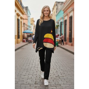 Μπλουζοφόρεμα μαύρο, Μήκος 70εκ από ώμο, με στρόγγυλη λαιμόκοψη, βαμβάκι 95% ελασταν 5%, μικρά πλαϊνά ανοίγματα στο τελείωμα, με σχέδιο Πολύχρωμο Μήλο