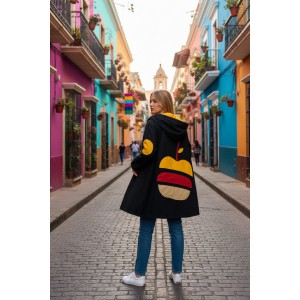 Ασύμμετρο Πανωφόρι Midi, μαύρο, σε στυλ κάπας με μανίκι, Άνετο ζεστό, Φούτερ με χνούδι, με κουκούλα,με πλαϊνές τσέπες, ΧΩΡΙΣ φερμουάρ,  με σχέδιο το μήλο