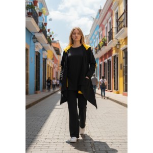 Ασύμμετρο Πανωφόρι Midi, μαύρο, σε στυλ κάπας με μανίκι, Άνετο ζεστό, Φούτερ με χνούδι, με κουκούλα,με πλαϊνές τσέπες, ΧΩΡΙΣ φερμουάρ,  με σχέδιο το μήλο