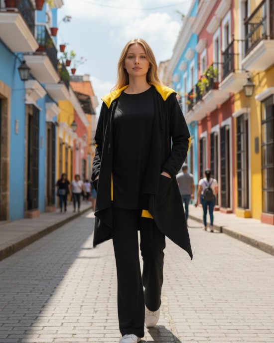 Ασύμμετρο Πανωφόρι Midi, μαύρο, σε στυλ κάπας με μανίκι, Άνετο ζεστό, Φούτερ με χνούδι, με κουκούλα,με πλαϊνές τσέπες, ΧΩΡΙΣ φερμουάρ,  με σχέδιο το μήλο