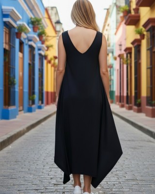 Αμάνικο Μακρύ Φόρεμα, V  λαιμόκοψη μπροστά και πίσω, μικρά πλαϊνά ανοίγματα στο τελείωμα, μήκος 134εκ., Βαμβάκι100% με σχέδιο το πολύχρωμο σχεδιαστικό μήλο