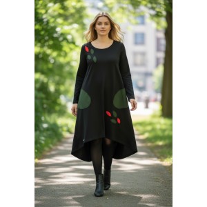 Μίντι Φόρεμα Μαύρο Ασύμμετρο, λαιμόκοψη στρογγυλή, μακρύ μανίκι, με πλαϊνές τσέπες,βαμβάκι95% ελαστάν , μήκος 110εκ μπροστά και 120εκ. το πίσω μέρος, με σχέδιο Φυλλαράκια Παντού 