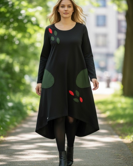 Μίντι Φόρεμα Μαύρο Ασύμμετρο, λαιμόκοψη στρογγυλή, μακρύ μανίκι, με πλαϊνές τσέπες,βαμβάκι95% ελαστάν , μήκος 110εκ μπροστά και 120εκ. το πίσω μέρος, με σχέδιο Φυλλαράκια Παντού 