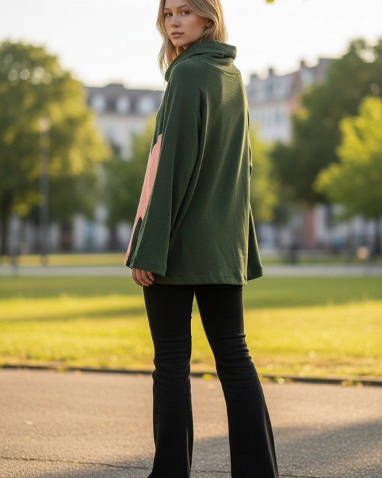 Μπλούζα κυπαρισσί, με μακρύ άνετο ρεγκλάν Μανίκι με ντραπέ λαιμό, μήκος 65εκ, ύφασμα Interlock, Ροζ λουλούδι 