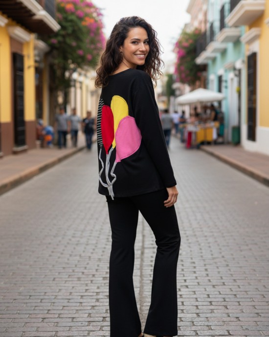 Mπλούζα Μαύρη με μακρύ μανίκι, με λαιμόκοψη χαμόγελο , ύφασμα μπλούζας βαμβάκι 95% ελαστάν 5%, μήκος 65εκ. Πολύχρωμα Μπαλόνια