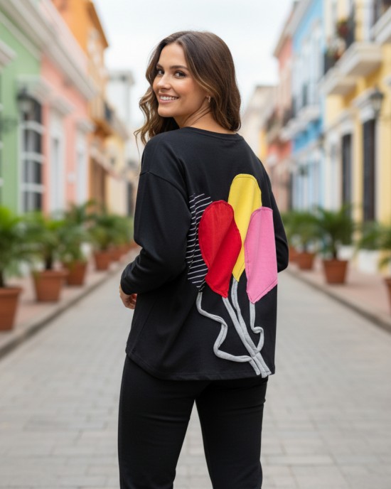 Mπλούζα Μαύρη με μακρύ μανίκι, με λαιμόκοψη χαμόγελο , ύφασμα μπλούζας βαμβάκι 95% ελαστάν 5%, μήκος 65εκ. Πολύχρωμα Μπαλόνια