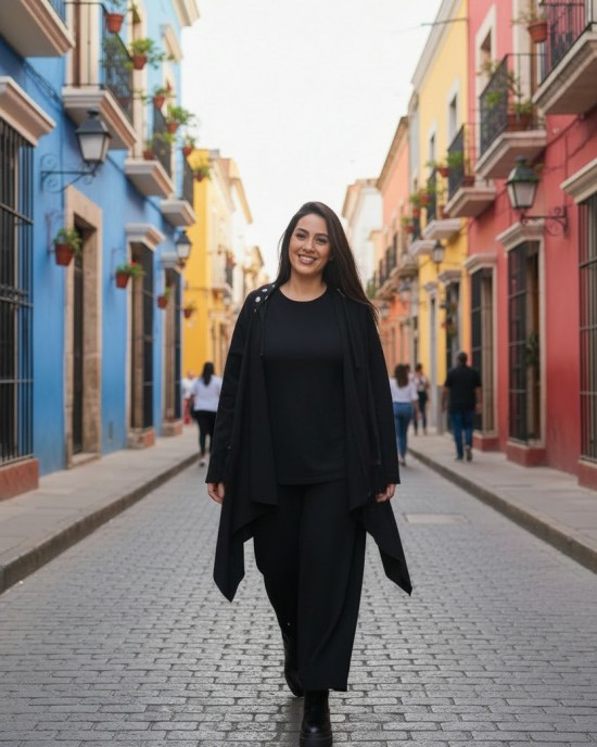 Ασύμμετρο Πανωφόρι Midi, μαύρο, σε στυλ κάπας με μανίκι, Χειροποίητο με αγάπη, με Κουκούλα Μαύρη και πουά εσωτερικά, Άνετο ζεστό, Φούτερ με χνούδι, με πλαϊνές τσέπες, ΧΩΡΙΣ φερμουάρ, σχέδιο Πολύχρωμα Μπαλόνια 