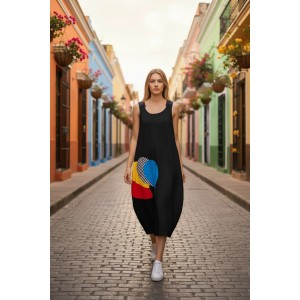 Φόρεμα midi balloon, με τζιν τιράντες, χρώμα λευκό ή μαύρο , στρόγγυλη λαιμόκοψη, μήκος 112εκ από ώμο, Βαμβάκι 100%, Σχέδιο Πολύχρωμα μπαλόνια 