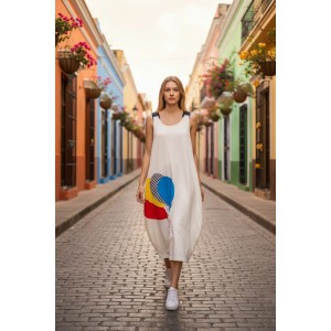 Φόρεμα midi balloon, με τζιν τιράντες, χρώμα λευκό ή μαύρο , στρόγγυλη λαιμόκοψη, μήκος 112εκ από ώμο, Βαμβάκι 100%, Σχέδιο Πολύχρωμα μπαλόνια 