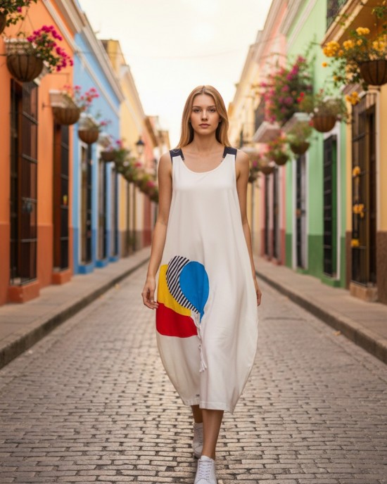 Φόρεμα midi balloon, με τζιν τιράντες, χρώμα λευκό ή μαύρο , στρόγγυλη λαιμόκοψη, μήκος 112εκ από ώμο, Βαμβάκι 100%, Σχέδιο Πολύχρωμα μπαλόνια 