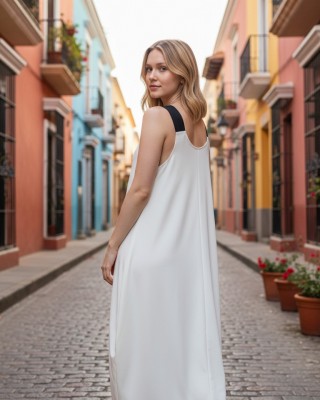 Φόρεμα Μίντι Μπαλούν, στρόγγυλη λαιμόκοψη, με Τζιν τιράντες, μήκος 120εκ από τον ώμο, Βαμβάκι 100%, με σχέδιο κερασάκια