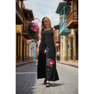 Φόρεμα μακρύ, μήκος από τον ώμο 135εκ., στρόγγυλη λαιμόκοψη, άνετο και δροσερό βαμβάκι 100%, αμάνικο, με σχέδιο Φλαμίνγκο