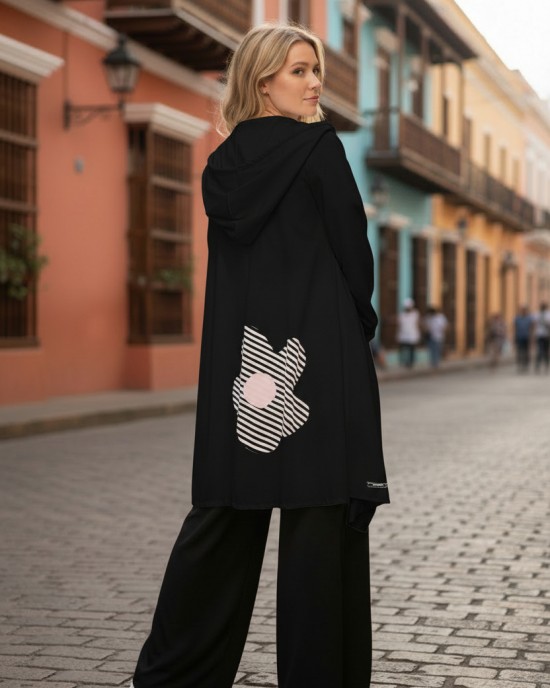 Ασύμμετρο Πανωφόρι Midi, σε λευκό ή μαύρο χρώμα, σε στυλ κάπας με μανίκι, Άνετο δροσερό, Βαμβάκι 100% με πλαϊνές τσέπες, ΧΩΡΙΣ φερμουάρ, σχέδιο ριγέ Λουλούδι 