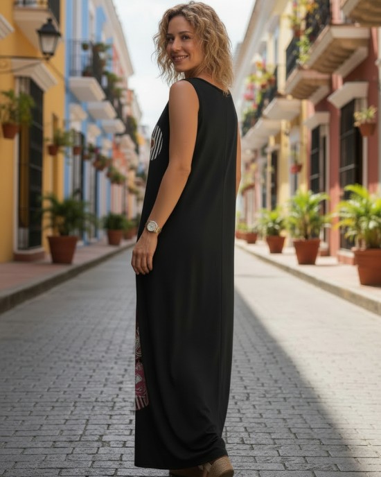 Φόρεμα μακρύ μαύρο, μήκος από τον ώμο 135εκ., άνετο και δροσερό βαμβάκι 100%, αμάνικο, με σχέδιο λουλουδάκια