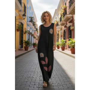 Φόρεμα μακρύ μαύρο, μήκος από τον ώμο 135εκ., άνετο και δροσερό βαμβάκι 100%, αμάνικο, με σχέδιο λουλουδάκια