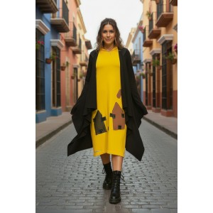 Πανωφόρι Midi, γκρι σκούρο ασύμμετρο, σε στυλ κάπας με μανίκι, με Κουκούλα χακί το εσωτερικό της, Άνετο ζεστό, Φούτερ με χνούδι, με πλαϊνές τσέπες, ΧΩΡΙΣ φερμουάρ, με σχέδιο σπιτάκια