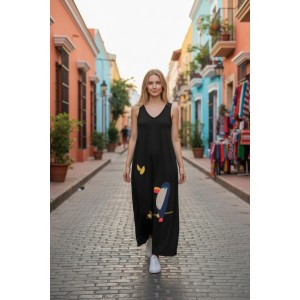 Φόρεμα μακρύ μαύρο ή μπλε σκούρο, μήκος από τον ώμο 135εκ., με v λαιμόκοψη, άνετο και δροσερό βαμβάκι 100%, αμάνικο, με σχέδιο Τουκάν σε τζιν ύφασμα 