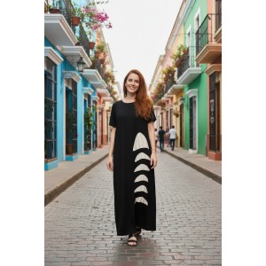 Φόρεμα μακρύ, κοντό μανίκι, Βαμβακερό 100%,  Καλοκαιρινό δροσερό άνετο Λευκό & Μαύρο 