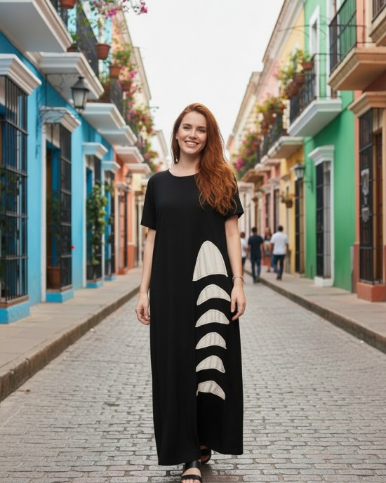 Φόρεμα μακρύ, κοντό μανίκι, Βαμβακερό 100%,  Καλοκαιρινό δροσερό άνετο Λευκό & Μαύρο 