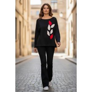 Άσπρα κόκκινα, Mπλούζα μαύρη με μακρύ μανίκι, με λαιμόκοψη χαμόγελο , ύφασμα μπλούζας βαμβάκι 95% ελαστάν 5%, μήκος 65εκ., με σχέδιο άσπρα και κόκκινα φυλλαράκια 