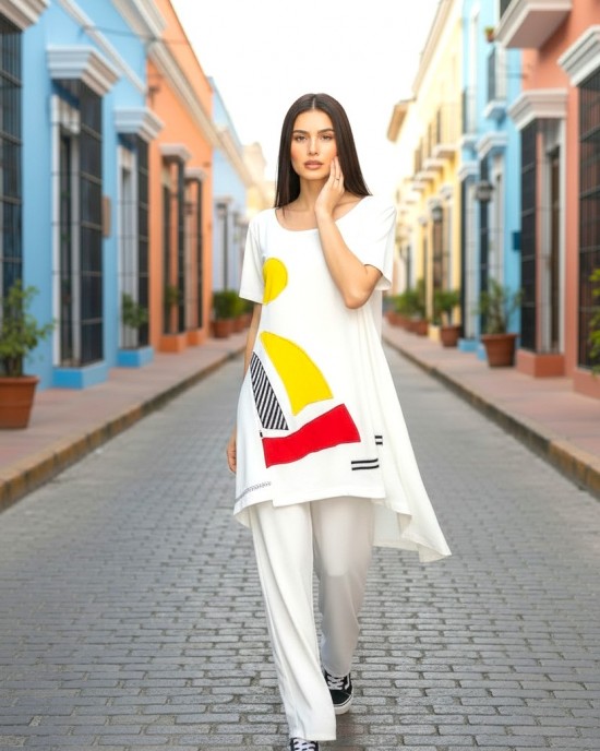 Mπλουζοφόρεμα ασύμμετρο, Μήκος από τον ώμο 80εκ μπροστινό μέρος και το πίσω μέρος 90εκ. με κοντό μανίκι βαμβάκι 100%, με σχέδιο  το kαραβάκι  