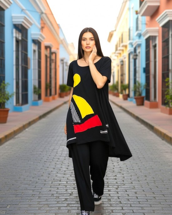 Mπλουζοφόρεμα ασύμμετρο, Μήκος από τον ώμο 80εκ μπροστινό μέρος και το πίσω μέρος 90εκ. με κοντό μανίκι βαμβάκι 100%, με σχέδιο  το kαραβάκι  