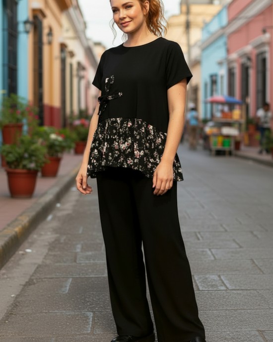 Μπλούζα Μαύρη, Φλοράλ Μαύρες  λεπτομέρειες, με τον Υπέροχο φλοράλ Φιόγκο, Αέρινη Δροσερή Βαμβακερή 100%