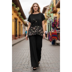 Μπλούζα Μαύρη, Φλοράλ Μαύρες  λεπτομέρειες, με τον Υπέροχο φλοράλ Φιόγκο, Αέρινη Δροσερή Βαμβακερή 100%