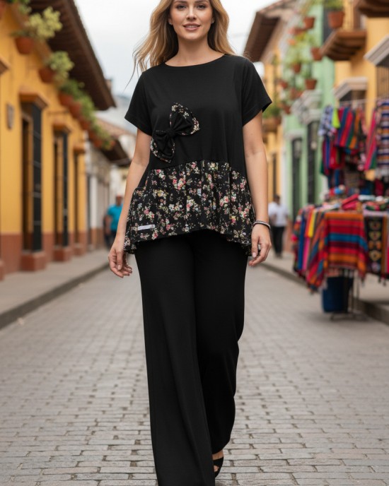 Μπλούζα Μαύρη, Φλοράλ Μαύρες  λεπτομέρειες, με τον Υπέροχο φλοράλ Φιόγκο, Αέρινη Δροσερή Βαμβακερή 100%