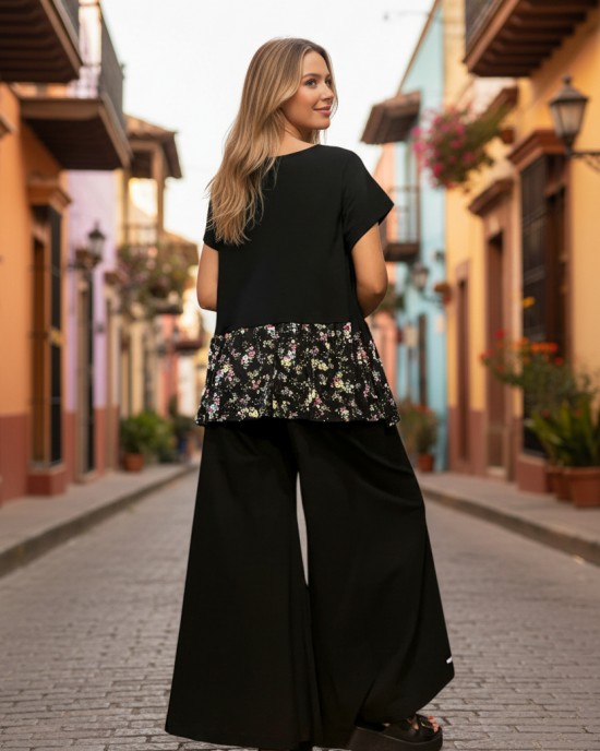 Μπλούζα Μαύρη, Φλοράλ Μαύρες  λεπτομέρειες, με τον Υπέροχο φλοράλ Φιόγκο, Αέρινη Δροσερή Βαμβακερή 100%