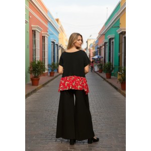 Μπλούζα Μαύρη, Φλοράλ λεπτομέρειες,  με τον Υπέροχο Φιόγκο, Αέρινη Δροσερή  Βαμβακερή 100%