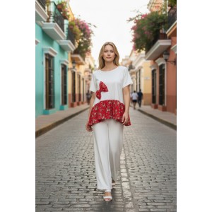 Μπλούζα Λεύκη, Φλοράλ Κόκκινες λεπτομέρειες, με τον Υπέροχο φλοράλ Φιόγκο, Αέρινη Δροσερή Βαμβακερή 100%