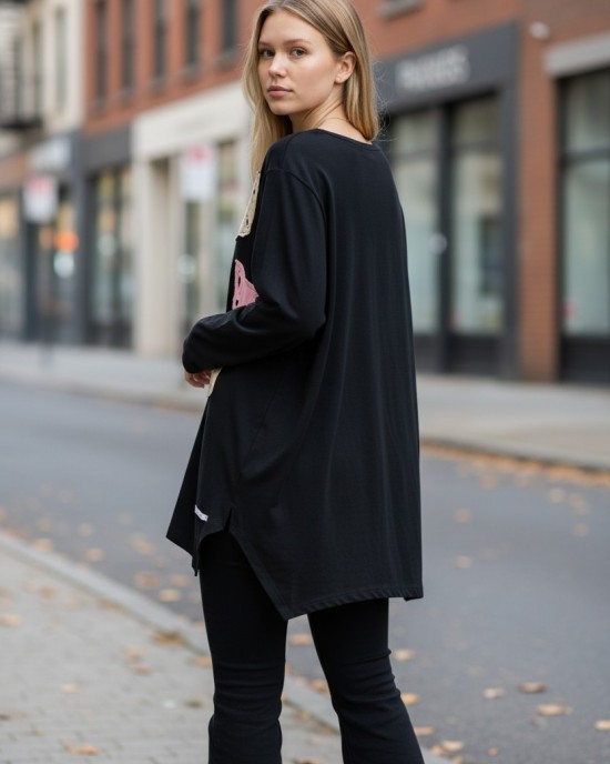 Μπλουζοφόρεμα μαύρο στρόγγυλη λαιμόκοψη ΄ή με λαιμό, βαμβάκι 95% ελασταν 5%, μικρά πλαϊνά ανοίγματα στο τελείωμα, με τσέπη, σχέδιο Πεταλούδες 