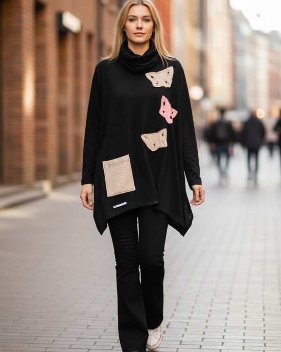 Μπλουζοφόρεμα μαύρο στρόγγυλη λαιμόκοψη ΄ή με λαιμό, βαμβάκι 95% ελασταν 5%, μικρά πλαϊνά ανοίγματα στο τελείωμα, με τσέπη, σχέδιο Πεταλούδες 