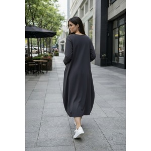 Φόρεμα midi balloon, σε χρώμα γκρι σκούρο, στρόγγυλη λαιμόκοψη, με μακρύ μανίκι,μήκος 115εκ. Βαμβάκι 95% με ελασταν 5% σχέδιο το λουλούδι 