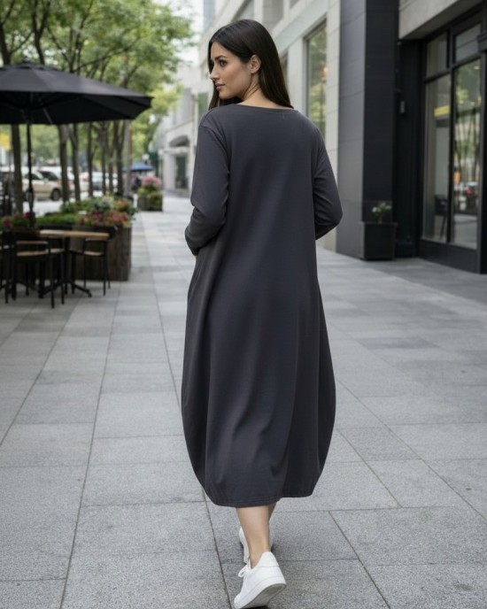 Φόρεμα midi balloon, σε χρώμα γκρι σκούρο, στρόγγυλη λαιμόκοψη, με μακρύ μανίκι,μήκος 115εκ. Βαμβάκι 95% με ελασταν 5% σχέδιο το λουλούδι 