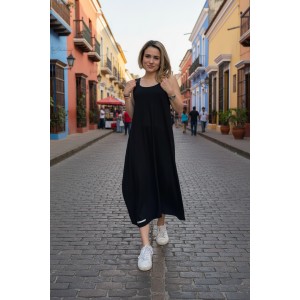 Φόρεμα midi balloon, με τζιν τιράντες, χρώμα μαύρο ή μπλε σκούρο, στρόγγυλη λαιμόκοψη, μήκος 112εκ από ώμο, Βαμβάκι 100%, Σχέδιο Κάκτο στην πλάτη 