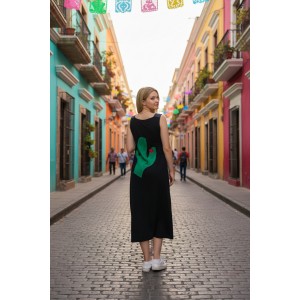 Φόρεμα midi balloon, με τζιν τιράντες, χρώμα μαύρο ή μπλε σκούρο, στρόγγυλη λαιμόκοψη, μήκος 112εκ από ώμο, Βαμβάκι 100%, Σχέδιο Κάκτο στην πλάτη 